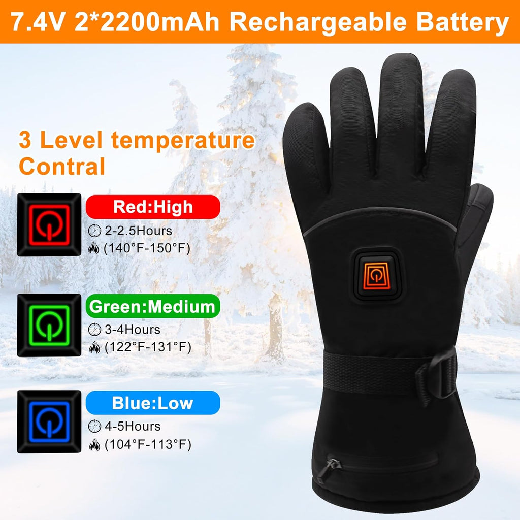 Electric Rechargeable Battery Heated Gloves - Waterproof Touchscreen for Outdoor Sports, Hiking, Skiing, Running, Work