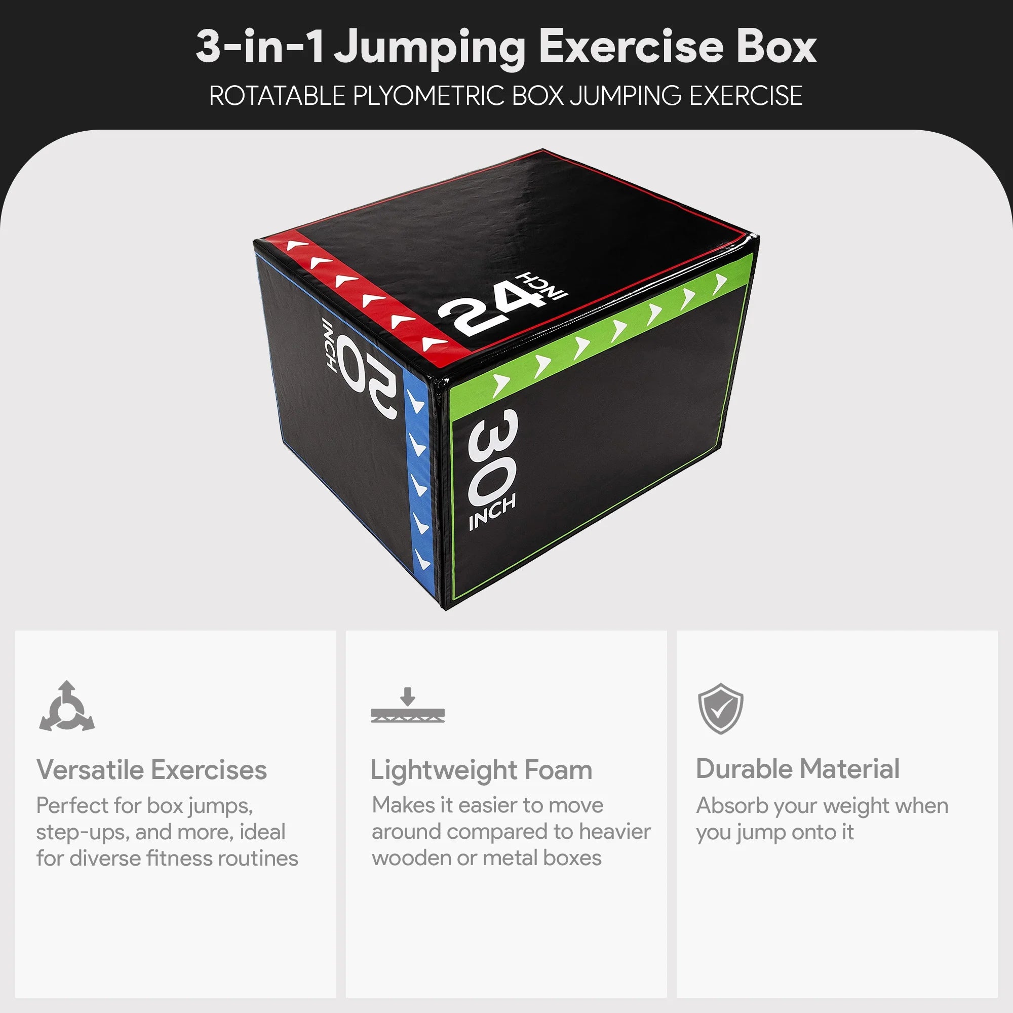 Foam Plyometric Jump Box with 20”, 24”, and 30” Heights, 16 Lbs, Multicolored