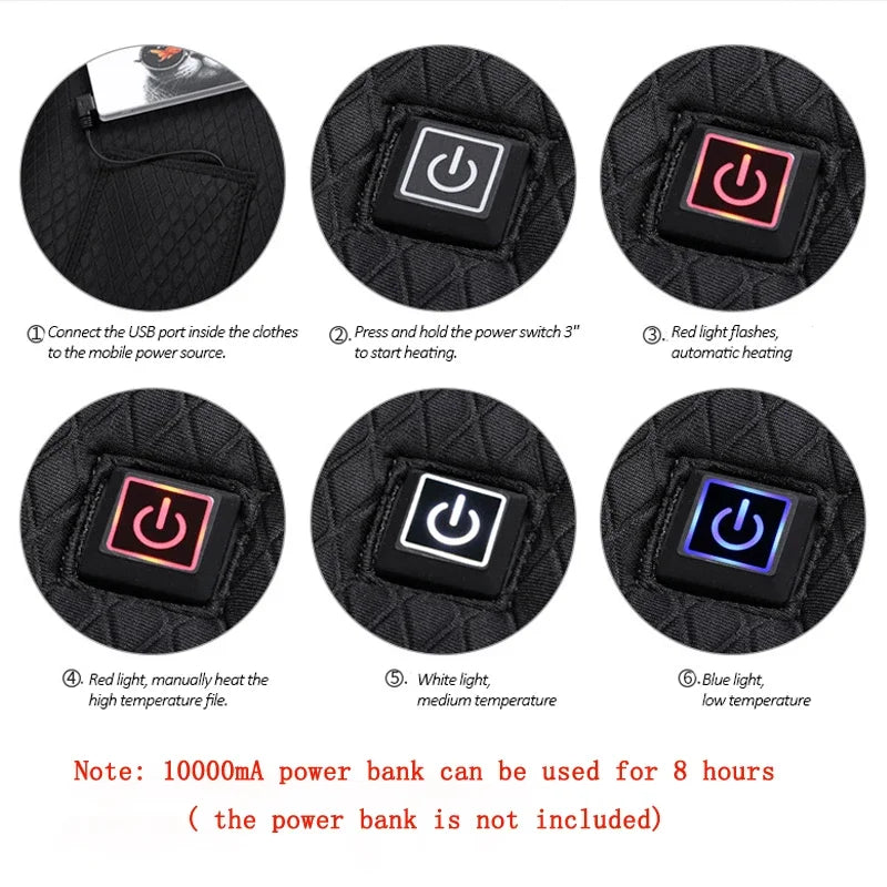 USB Heated Jacket 9 Zone Heating Smart Warm Jacket Fast Heating 3 Levels Temperature Control Long Battery Life for Hiking Cyclin